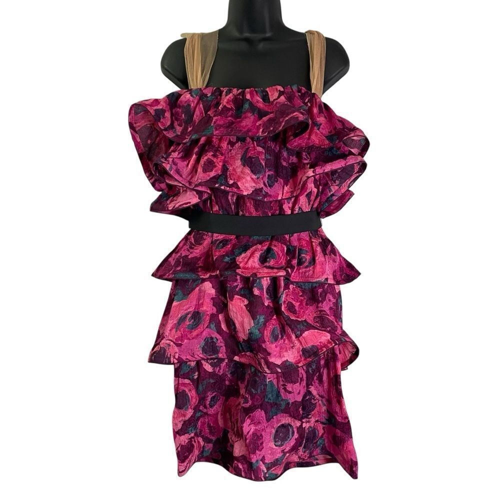 LANVIN x H&M Women's Pink Floral Ruffled Tiered Dress 2010 Roses US 12